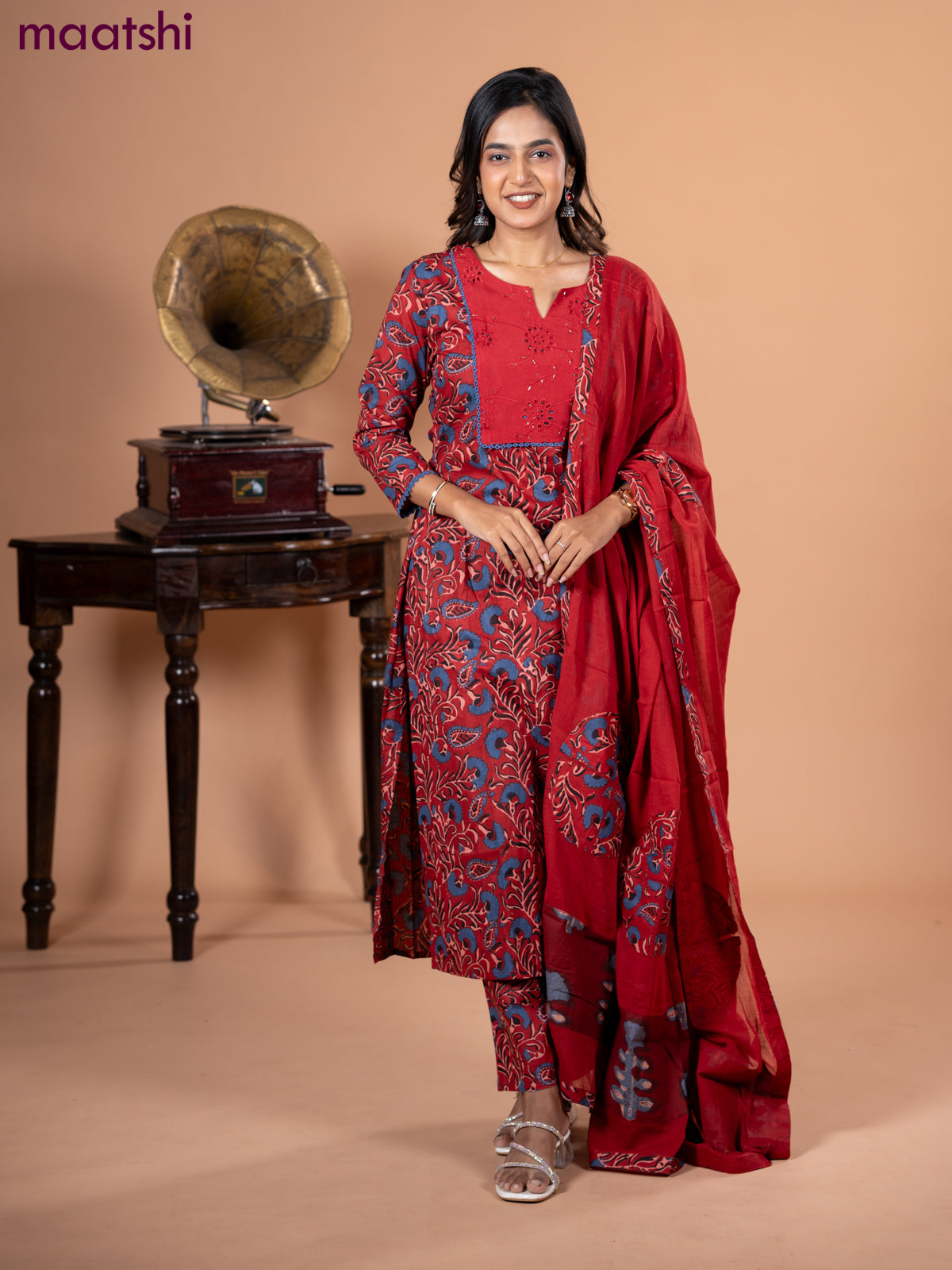Cotton salwar suit maroon and blue with kalamkari prints & hakoba work neck pattern and straight cut pant & dupatta