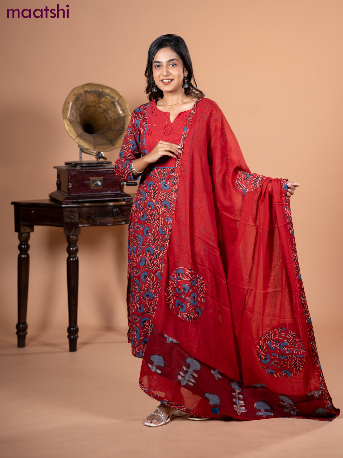 Cotton salwar suit maroon and blue with kalamkari prints & hakoba work neck pattern and straight cut pant & dupatta