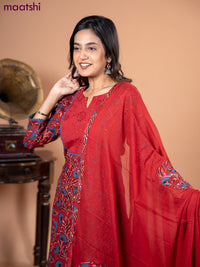 Cotton salwar suit maroon and blue with kalamkari prints & hakoba work neck pattern and straight cut pant & dupatta