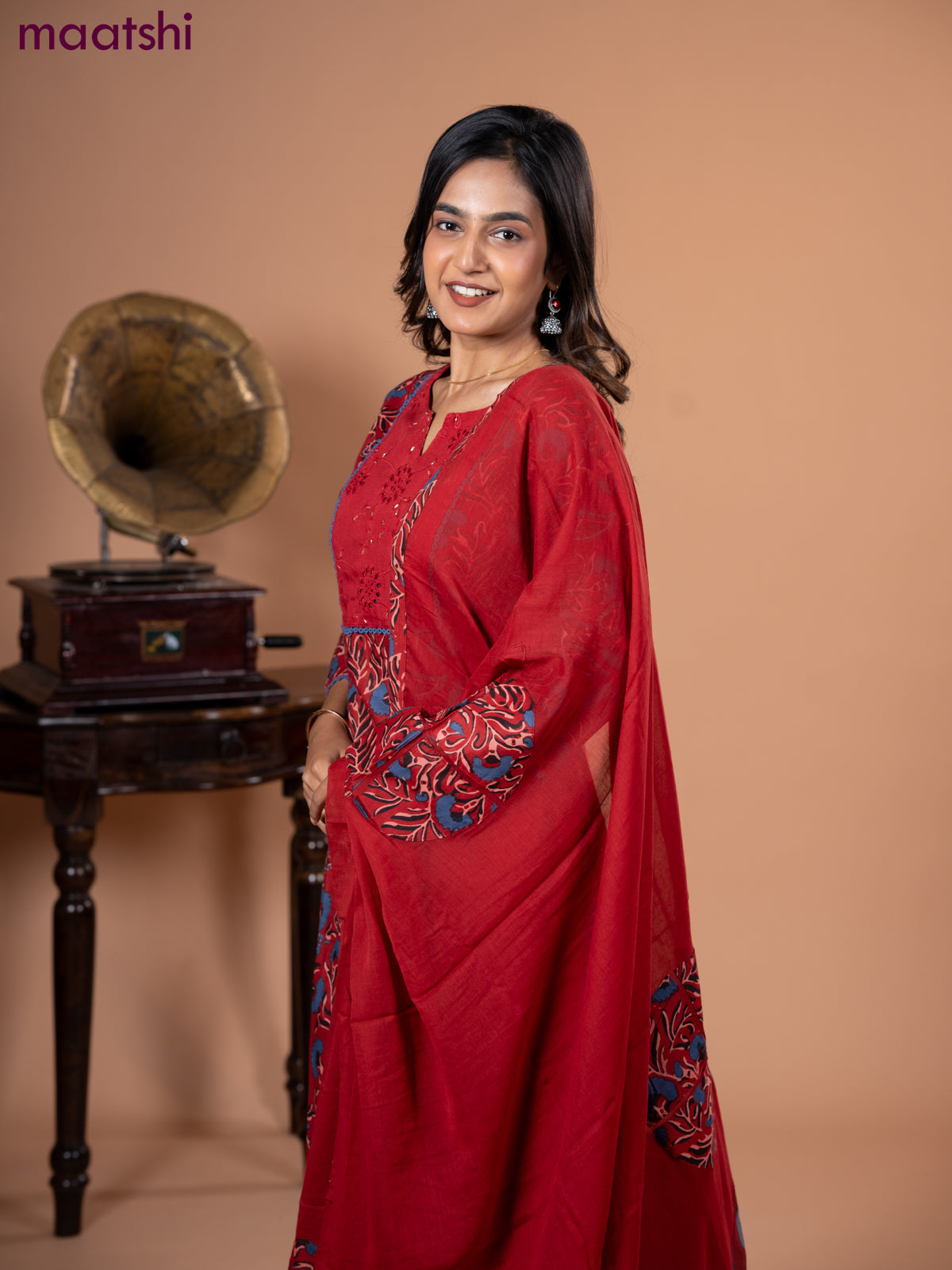 Cotton salwar suit maroon and blue with kalamkari prints & hakoba work neck pattern and straight cut pant & dupatta