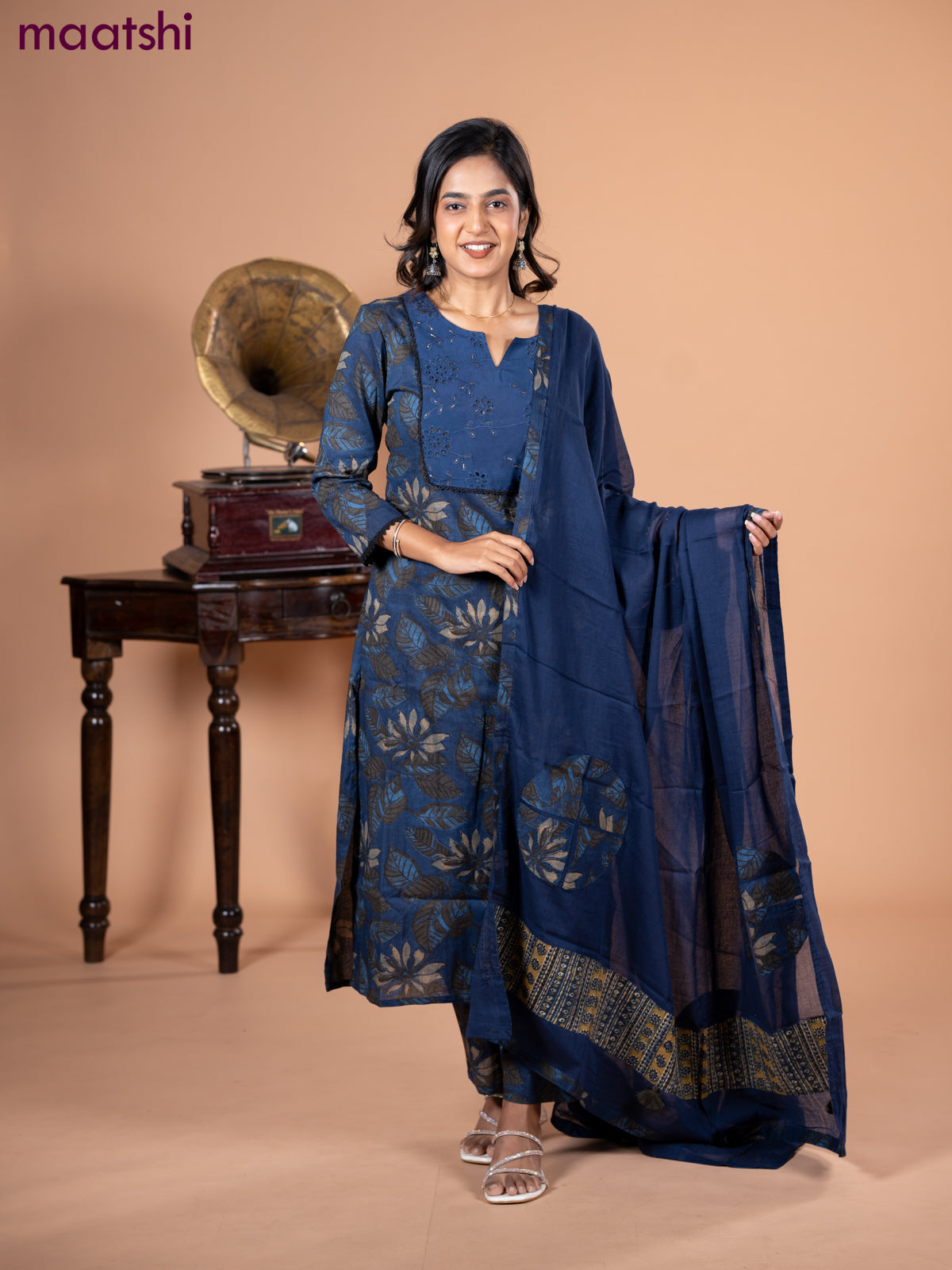 Cotton salwar suit blue and grey with leaf prints & hakoba work neck pattern and straight cut pant & dupatta