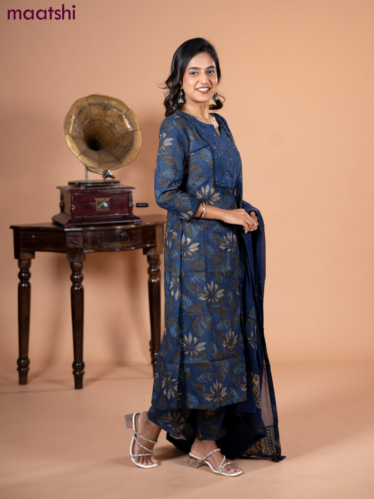 Cotton salwar suit blue and grey with leaf prints & hakoba work neck pattern and straight cut pant & dupatta