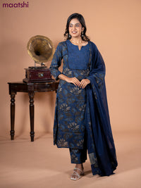 Cotton salwar suit blue and grey with leaf prints & hakoba work neck pattern and straight cut pant & dupatta