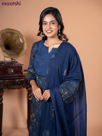Cotton salwar suit blue and grey with leaf prints & hakoba work neck pattern and straight cut pant & dupatta