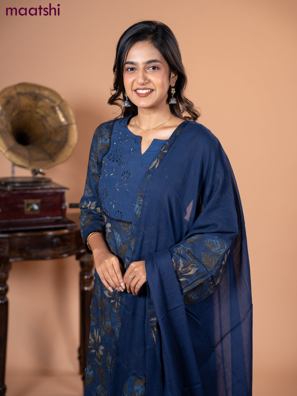 Cotton salwar suit blue and grey with leaf prints & hakoba work neck pattern and straight cut pant & dupatta