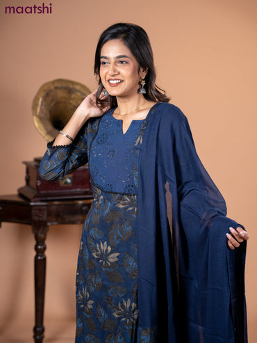 Cotton salwar suit blue and grey with leaf prints & hakoba work neck pattern and straight cut pant & dupatta