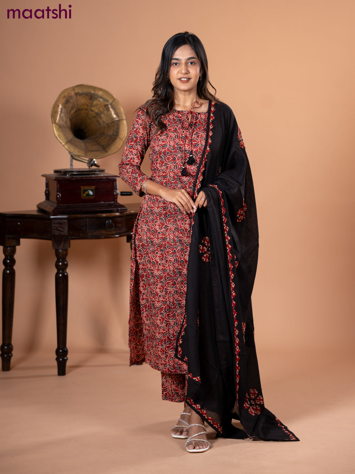Cotton salwar suit maroon and black with allover kalamkari prints and straight cut pant & dupatta
