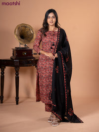 Cotton salwar suit maroon and black with allover kalamkari prints and straight cut pant & dupatta