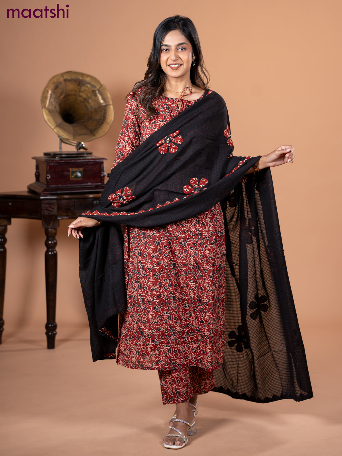 Cotton salwar suit maroon and black with allover kalamkari prints and straight cut pant & dupatta
