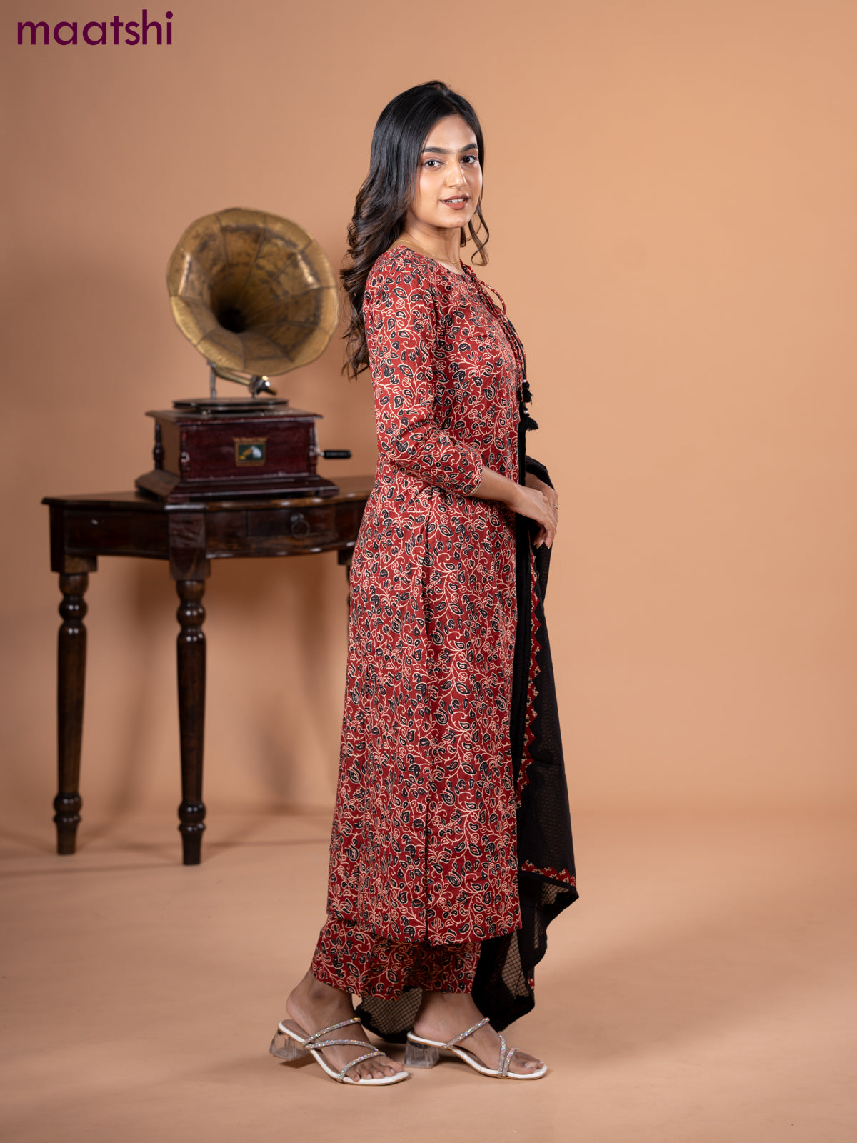 Cotton salwar suit maroon and black with allover kalamkari prints and straight cut pant & dupatta