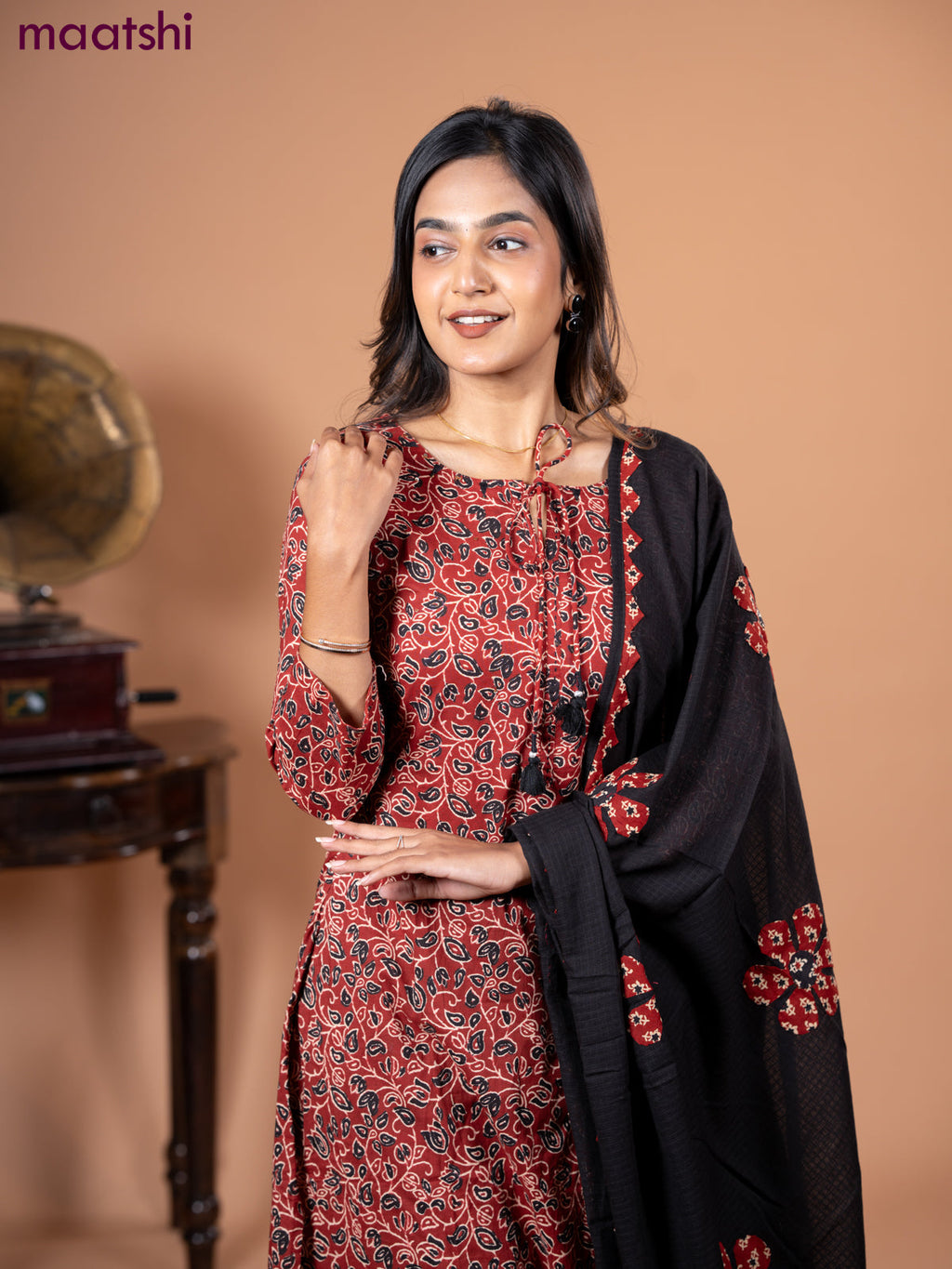 Cotton salwar suit maroon and black with allover kalamkari prints and straight cut pant & dupatta