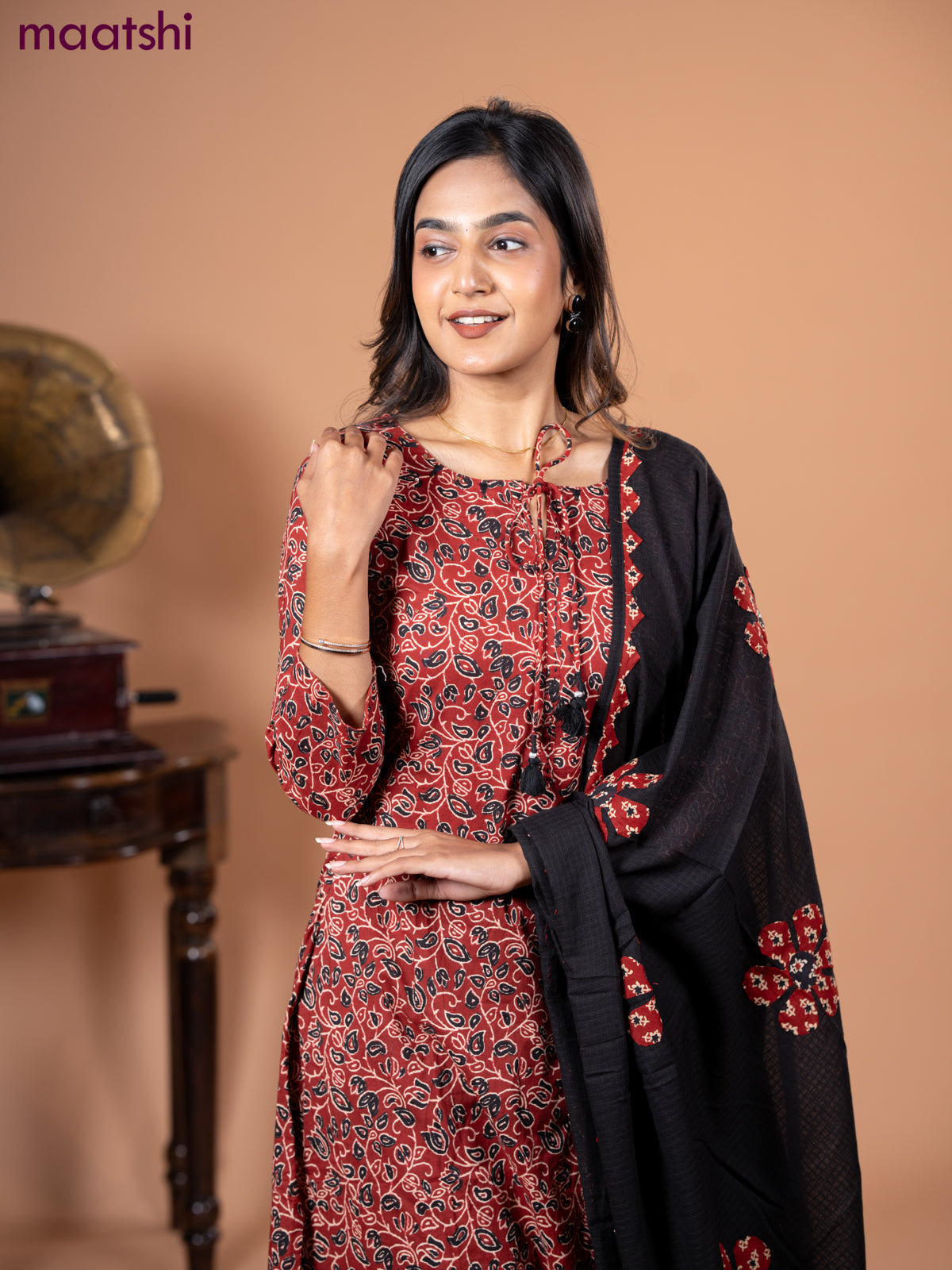 Cotton salwar suit maroon and black with allover kalamkari prints and straight cut pant & dupatta