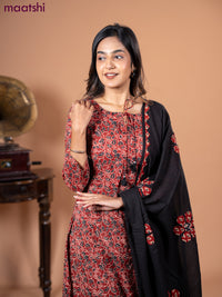 Cotton salwar suit maroon and black with allover kalamkari prints and straight cut pant & dupatta