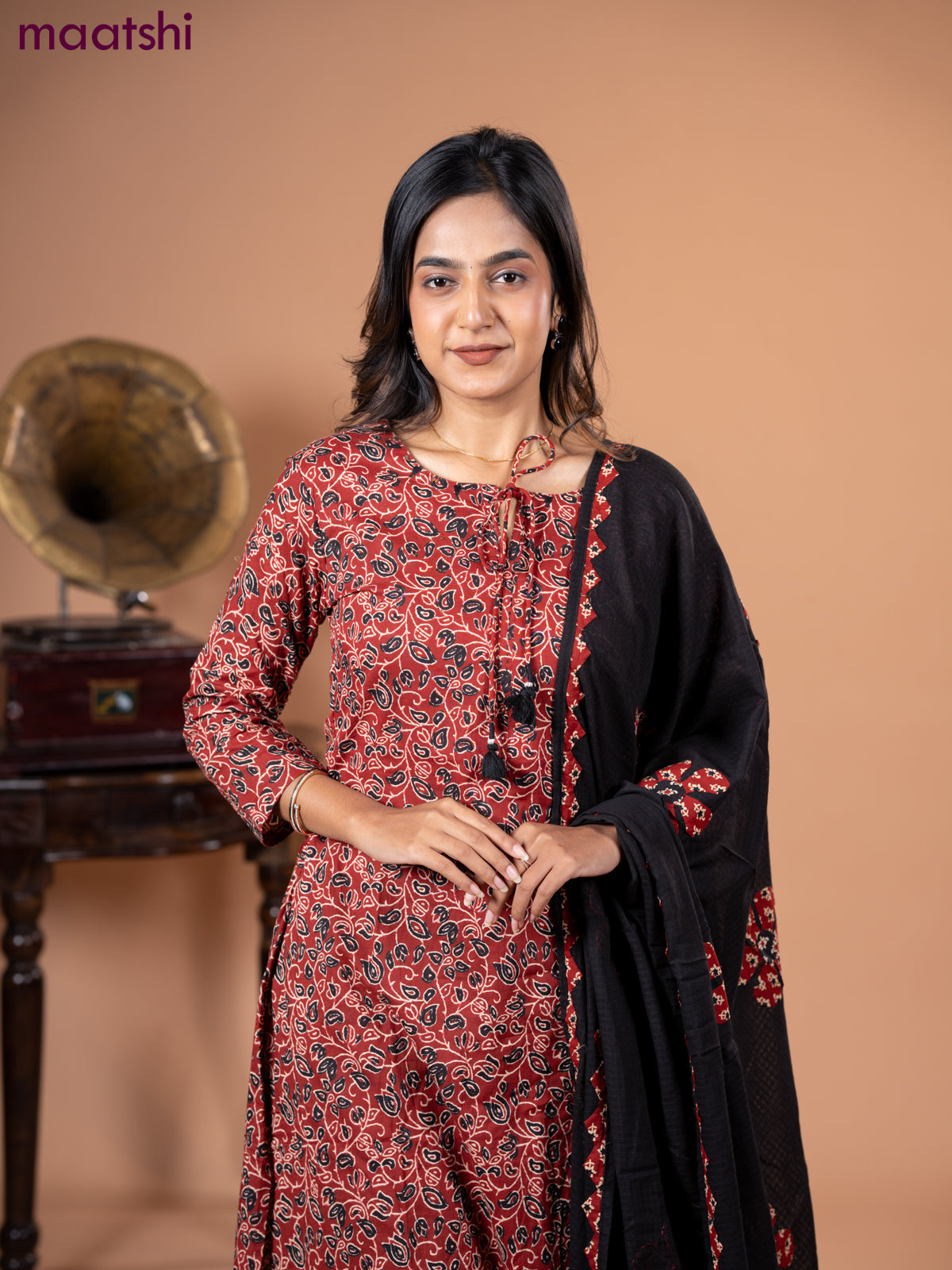Cotton salwar suit maroon and black with allover kalamkari prints and straight cut pant & dupatta