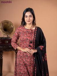 Cotton salwar suit maroon and black with allover kalamkari prints and straight cut pant & dupatta