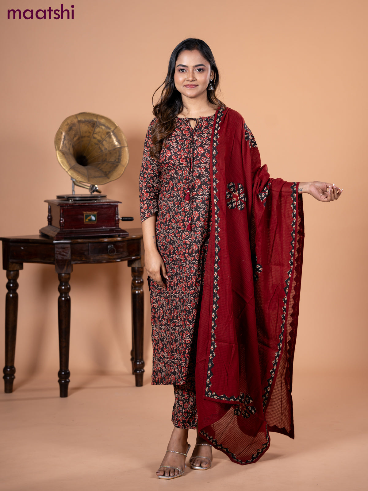 Cotton salwar suit black and maroon with allover kalamkari prints and straight cut pant & dupatta