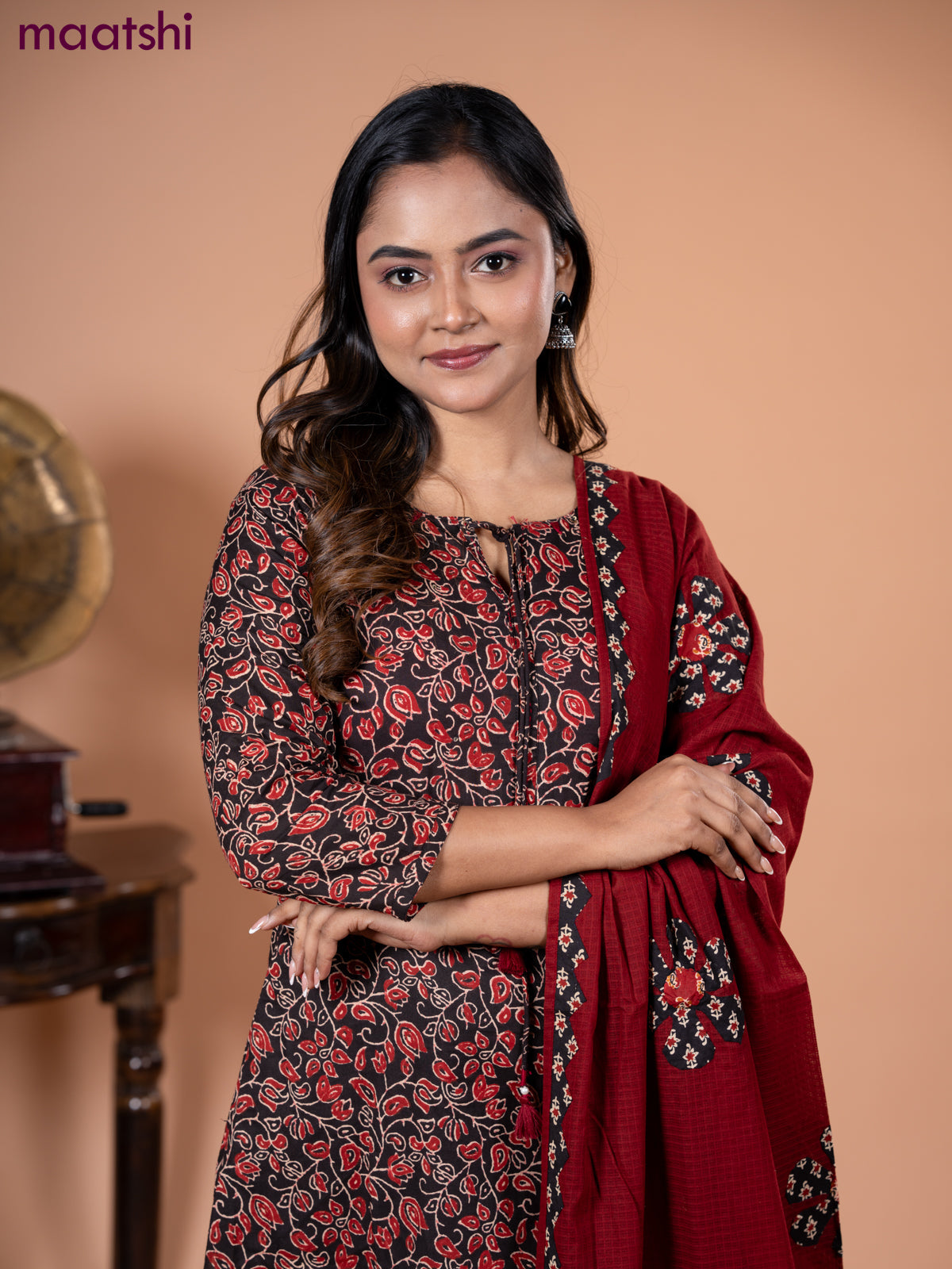 Cotton salwar suit black and maroon with allover kalamkari prints and straight cut pant & dupatta
