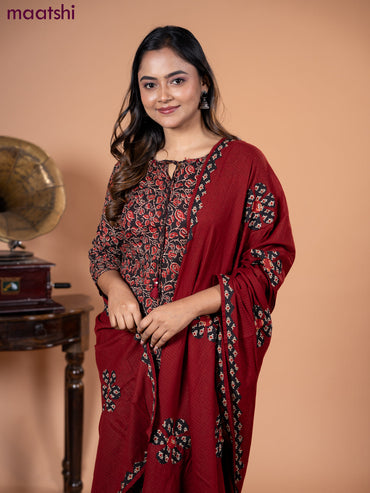 Cotton salwar suit black and maroon with allover kalamkari prints and straight cut pant & dupatta