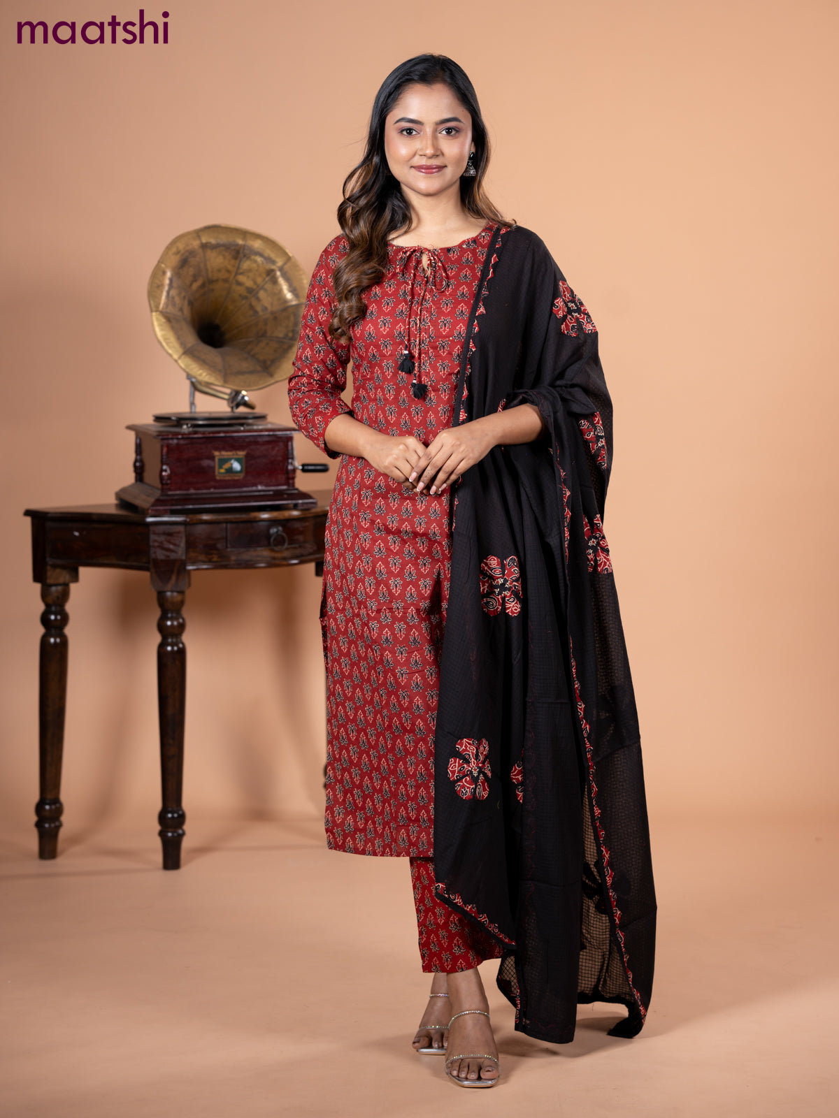 Cotton salwar suit maroon and black with allover ajrakh butta prints and straight cut pant & dupatta