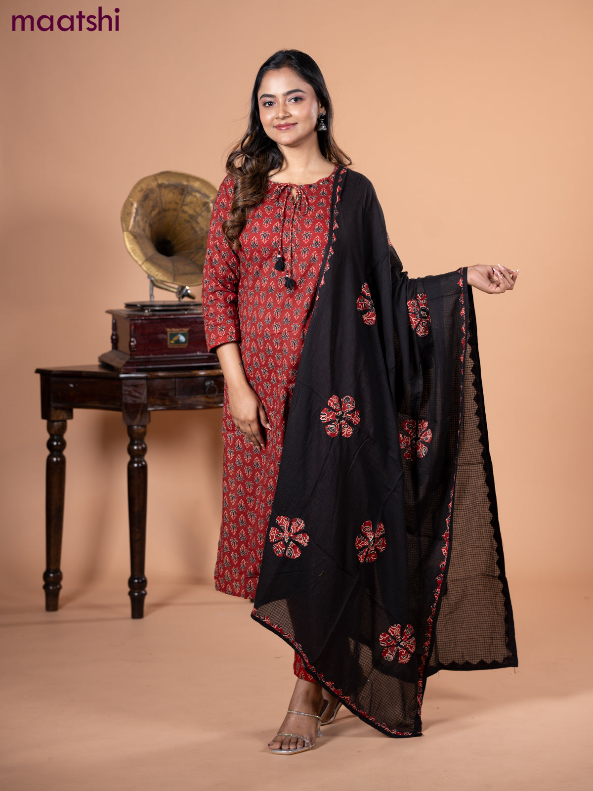 Cotton salwar suit maroon and black with allover ajrakh butta prints and straight cut pant & dupatta