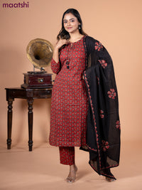 Cotton salwar suit maroon and black with allover ajrakh butta prints and straight cut pant & dupatta