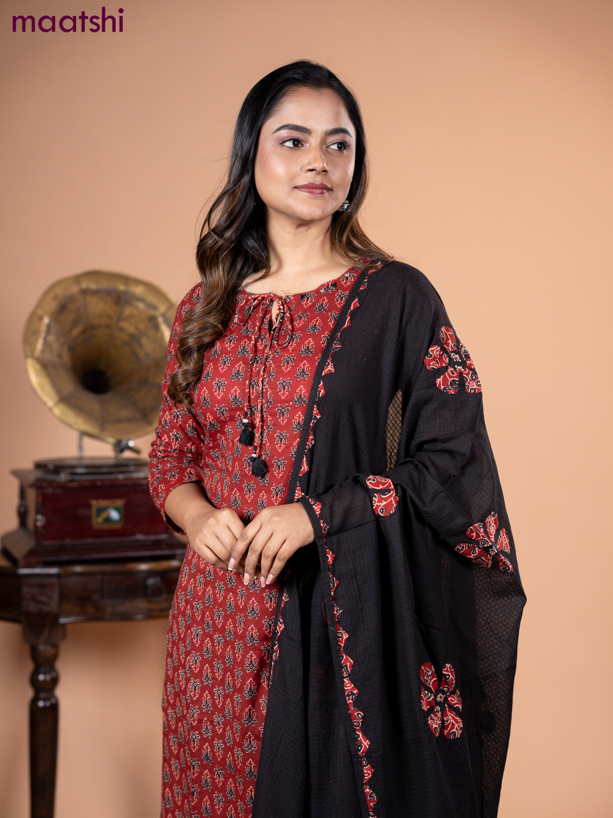 Cotton salwar suit maroon and black with allover ajrakh butta prints and straight cut pant & dupatta