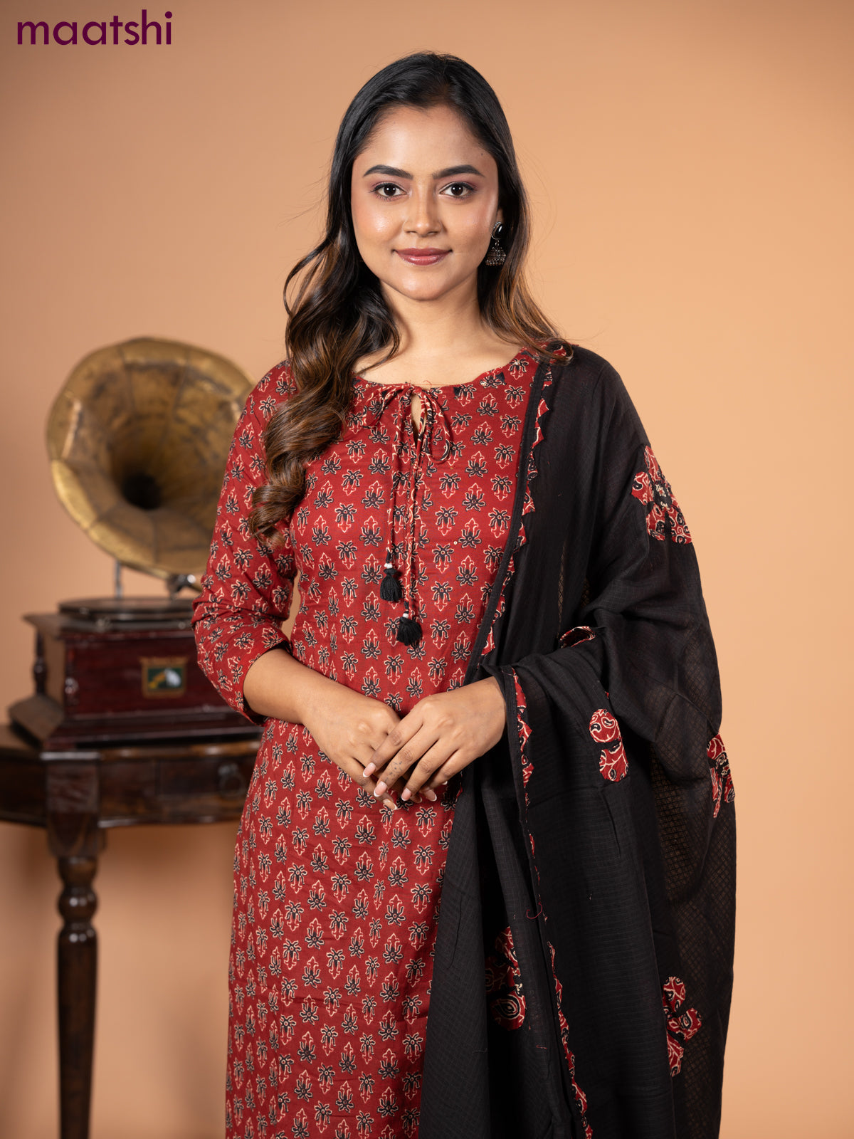 Cotton salwar suit maroon and black with allover ajrakh butta prints and straight cut pant & dupatta