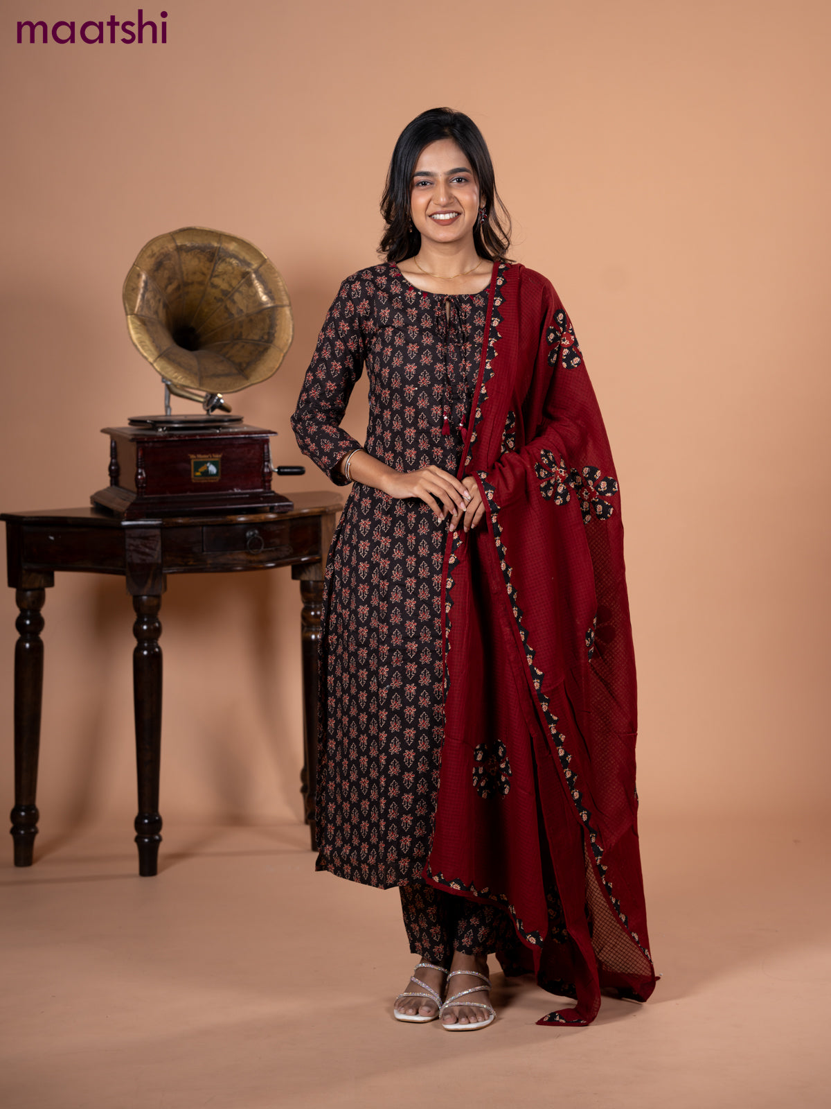 Cotton salwar suit deep coffee brown and maroon with allover ajrakh butta prints and straight cut pant & dupatta