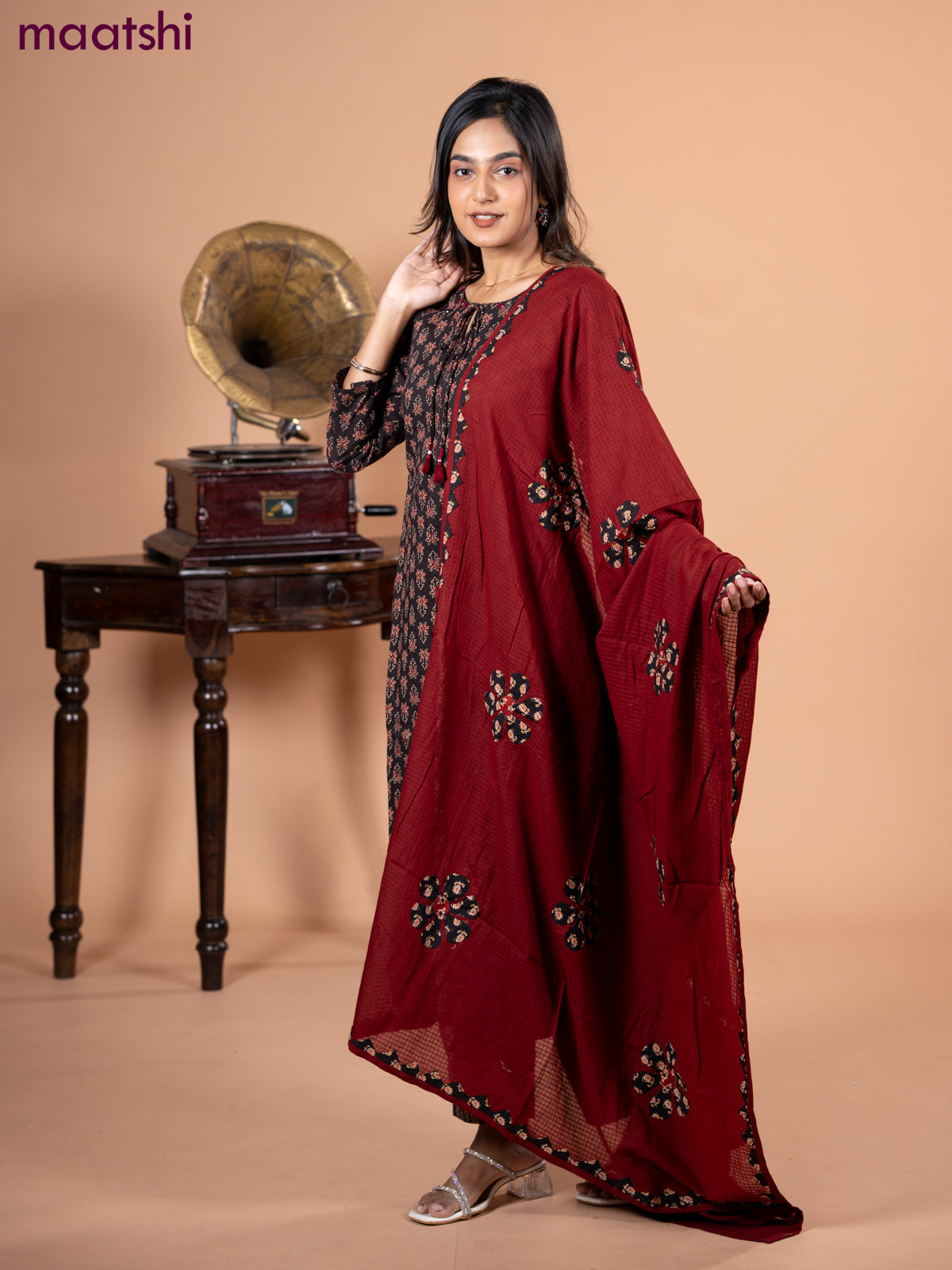 Cotton salwar suit deep coffee brown and maroon with allover ajrakh butta prints and straight cut pant & dupatta