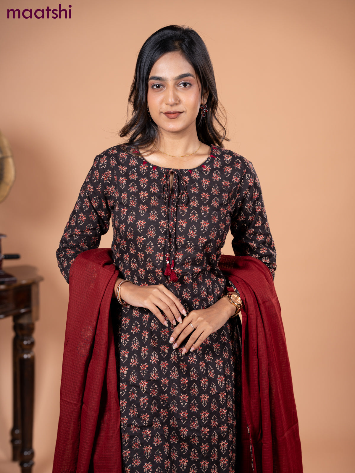 Cotton salwar suit deep coffee brown and maroon with allover ajrakh butta prints and straight cut pant & dupatta