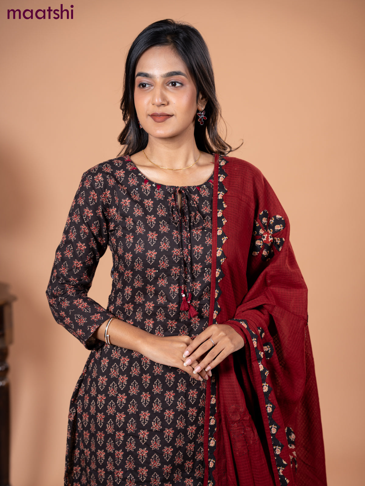 Cotton salwar suit deep coffee brown and maroon with allover ajrakh butta prints and straight cut pant & dupatta