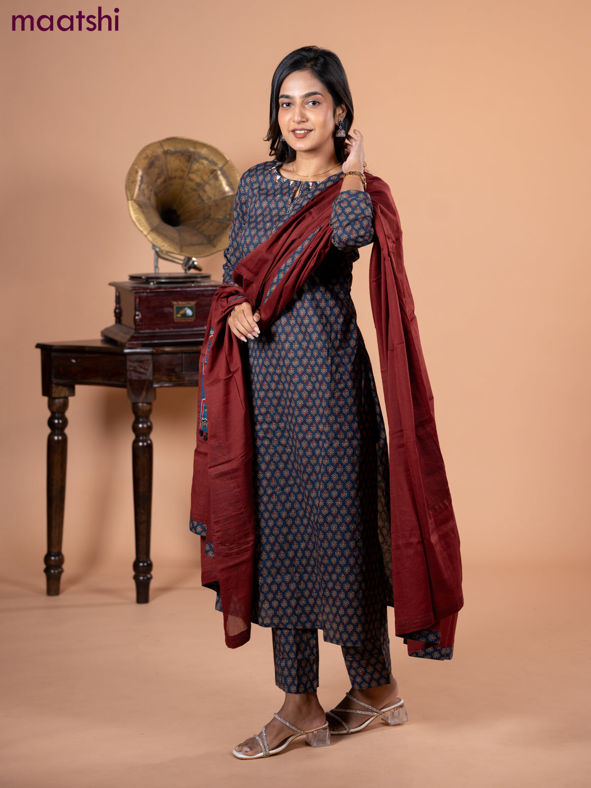 Cotton salwar suit blue and maroon with allover ajrakh butta prints and straight cut pant & dupatta