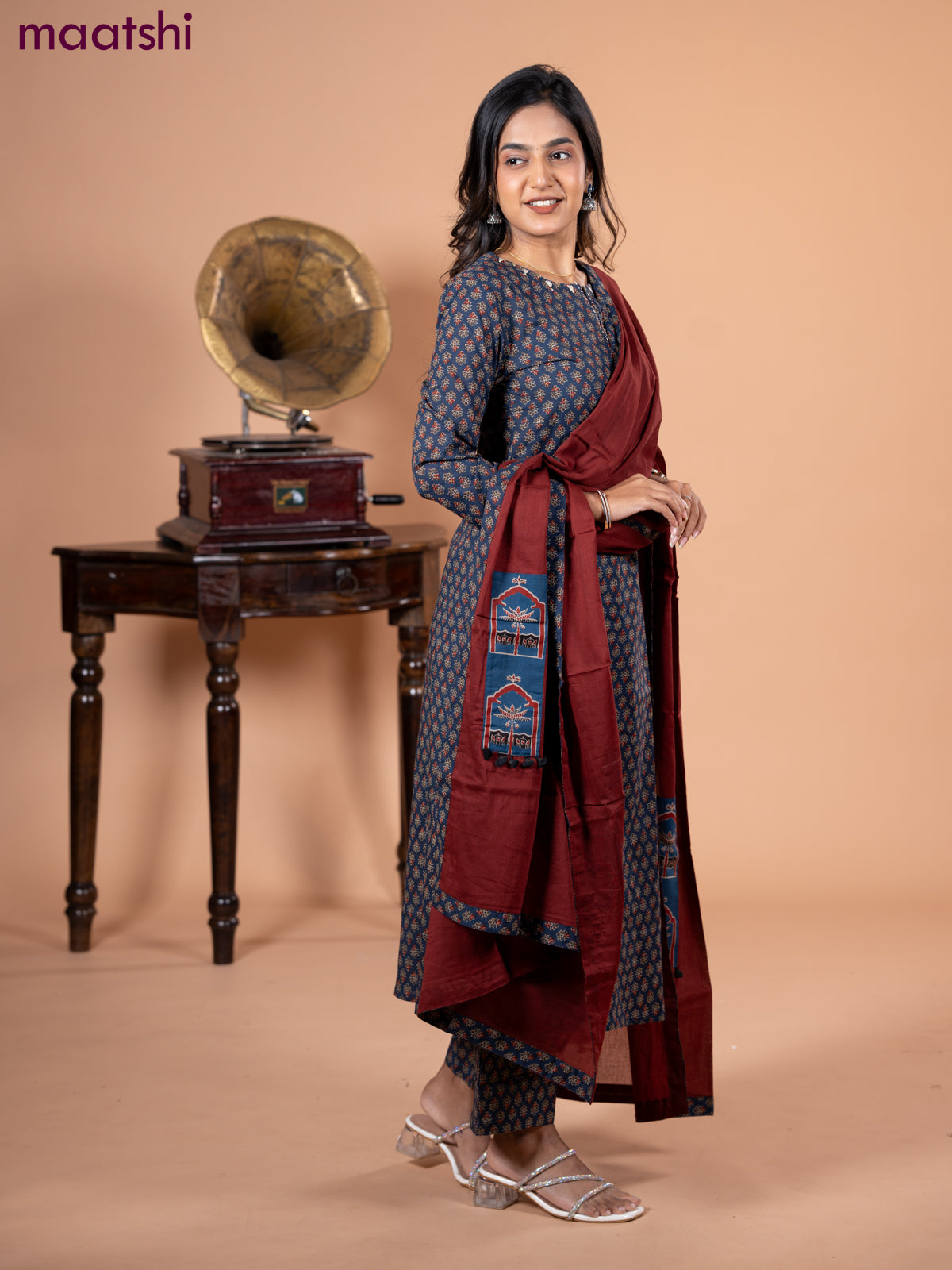 Cotton salwar suit blue and maroon with allover ajrakh butta prints and straight cut pant & dupatta