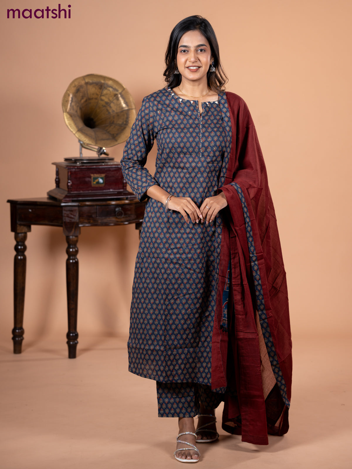 Cotton salwar suit blue and maroon with allover ajrakh butta prints and straight cut pant & dupatta