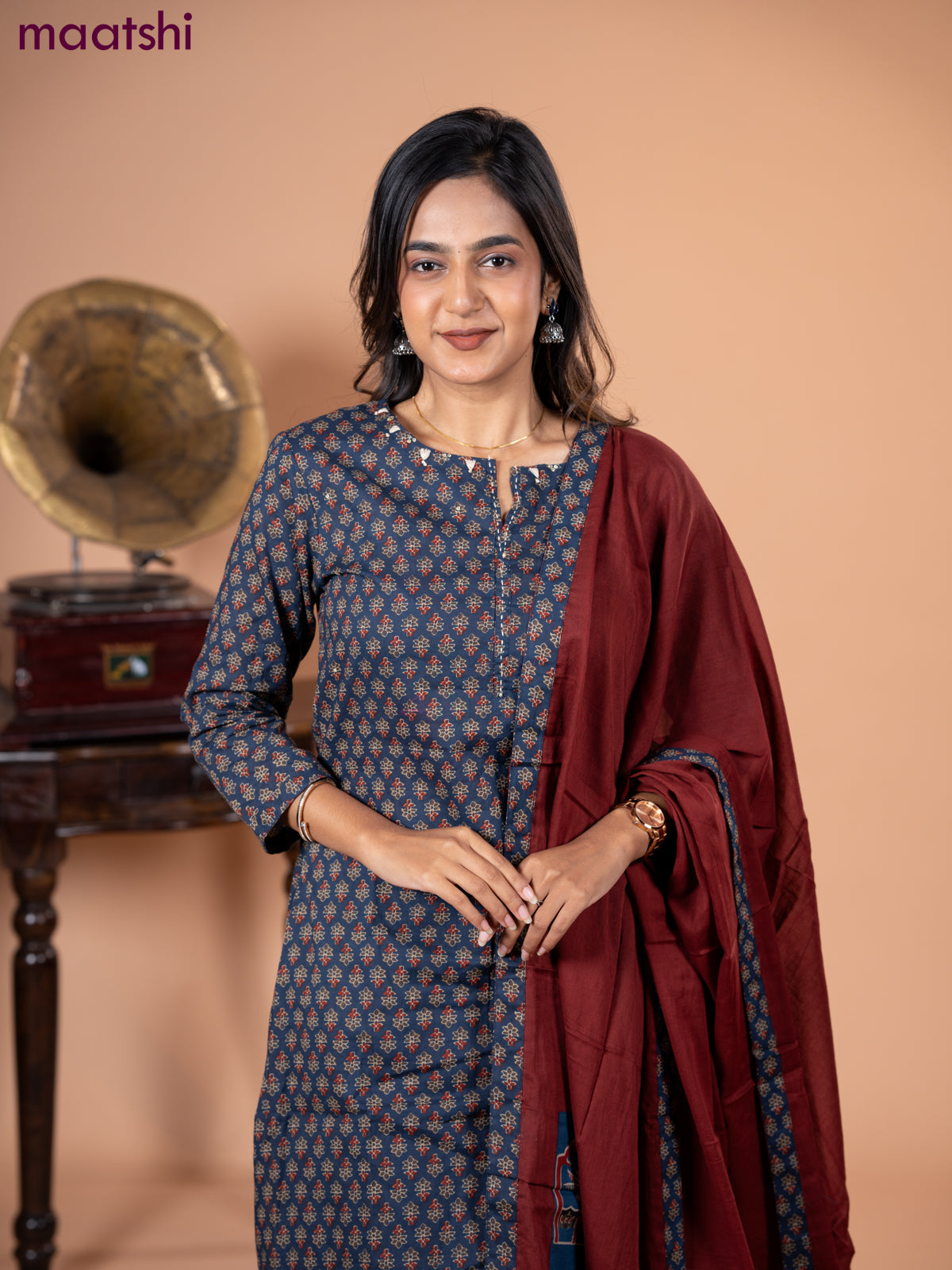 Cotton salwar suit blue and maroon with allover ajrakh butta prints and straight cut pant & dupatta