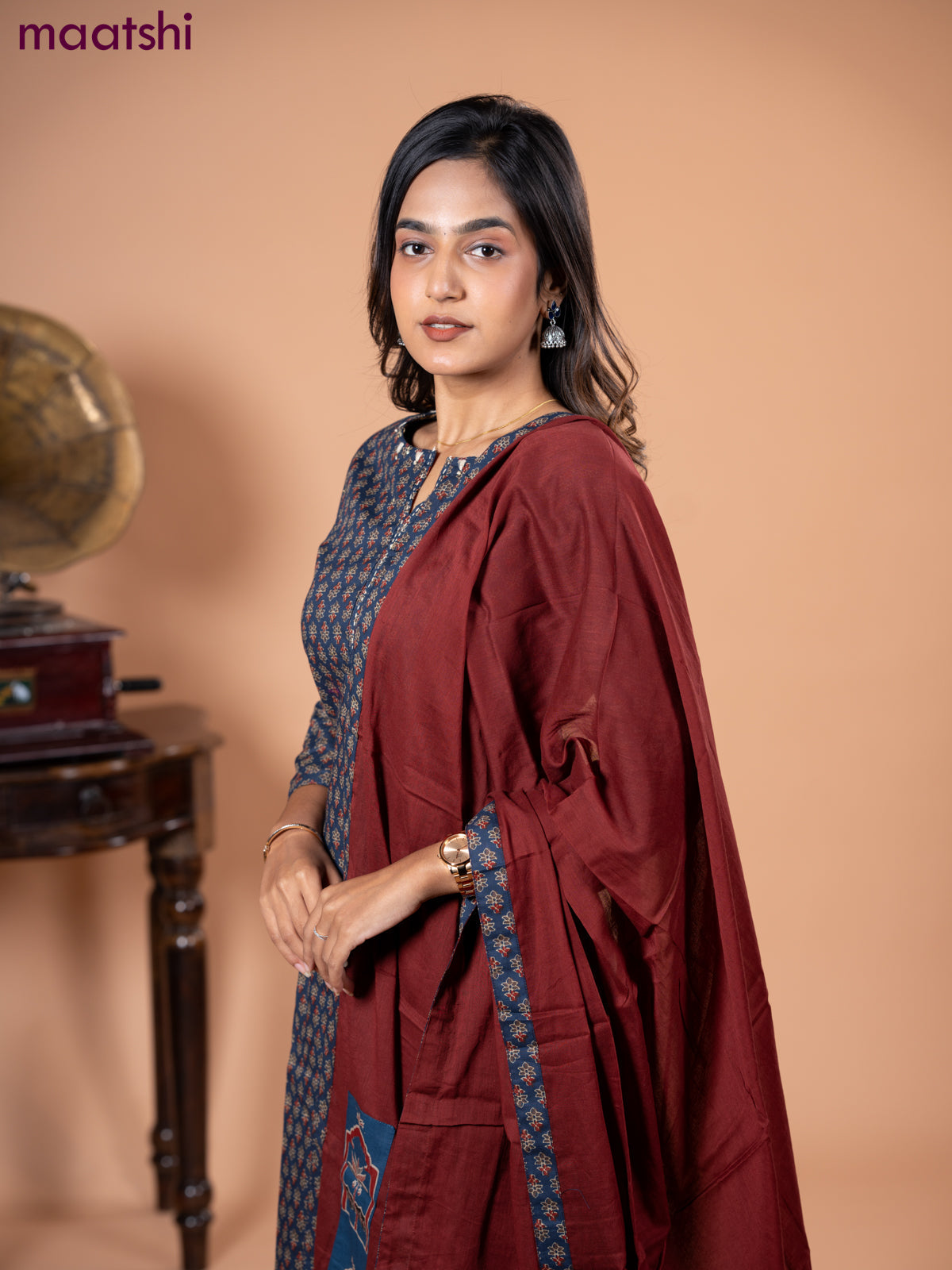 Cotton salwar suit blue and maroon with allover ajrakh butta prints and straight cut pant & dupatta