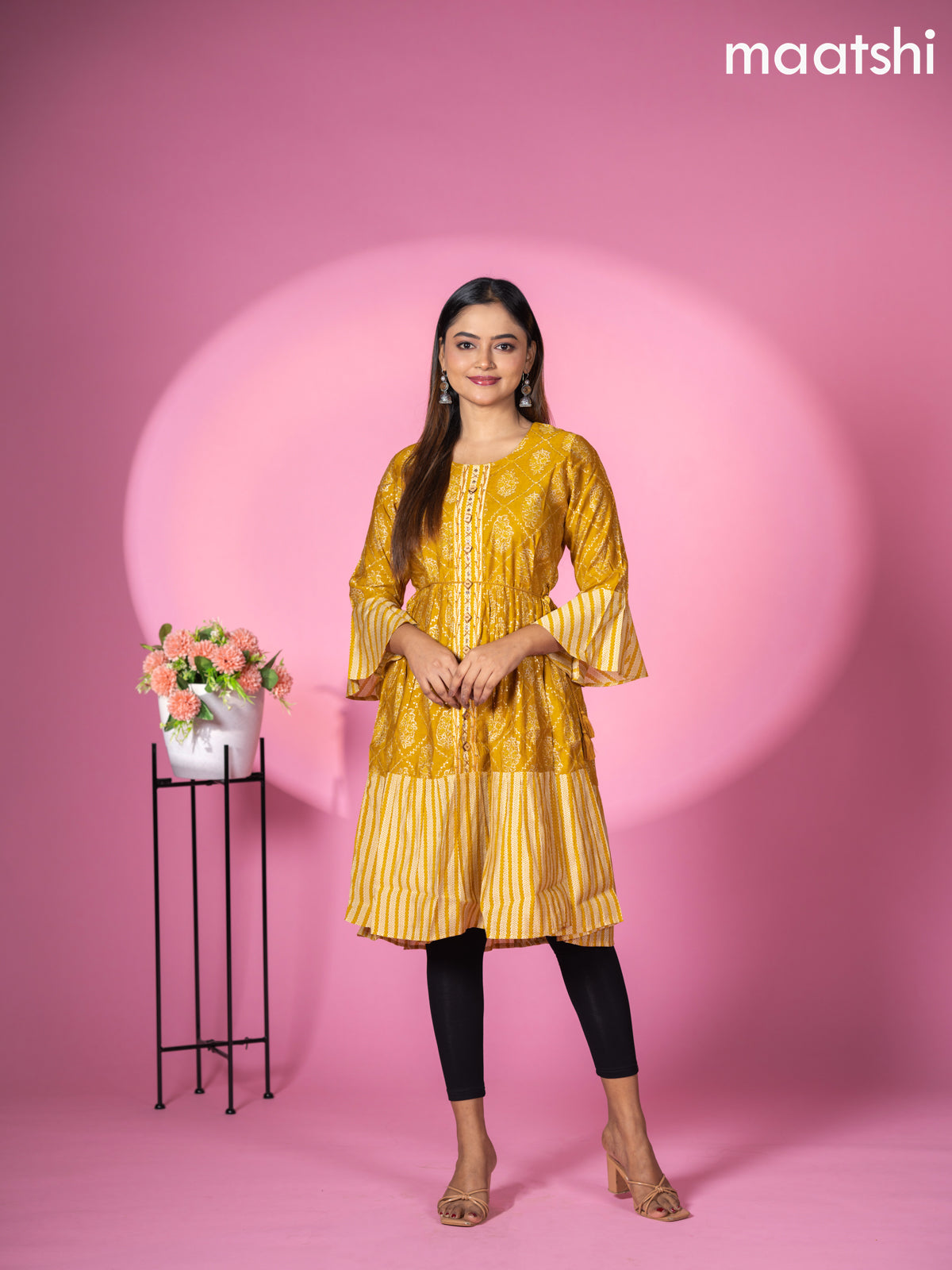 Muslin readymade short umbrella kurti mustard yellow with allover prints & embroidery work neck pattern without pant