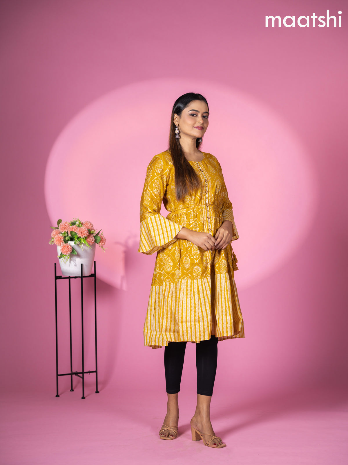 Muslin readymade short umbrella kurti mustard yellow with allover prints & embroidery work neck pattern without pant