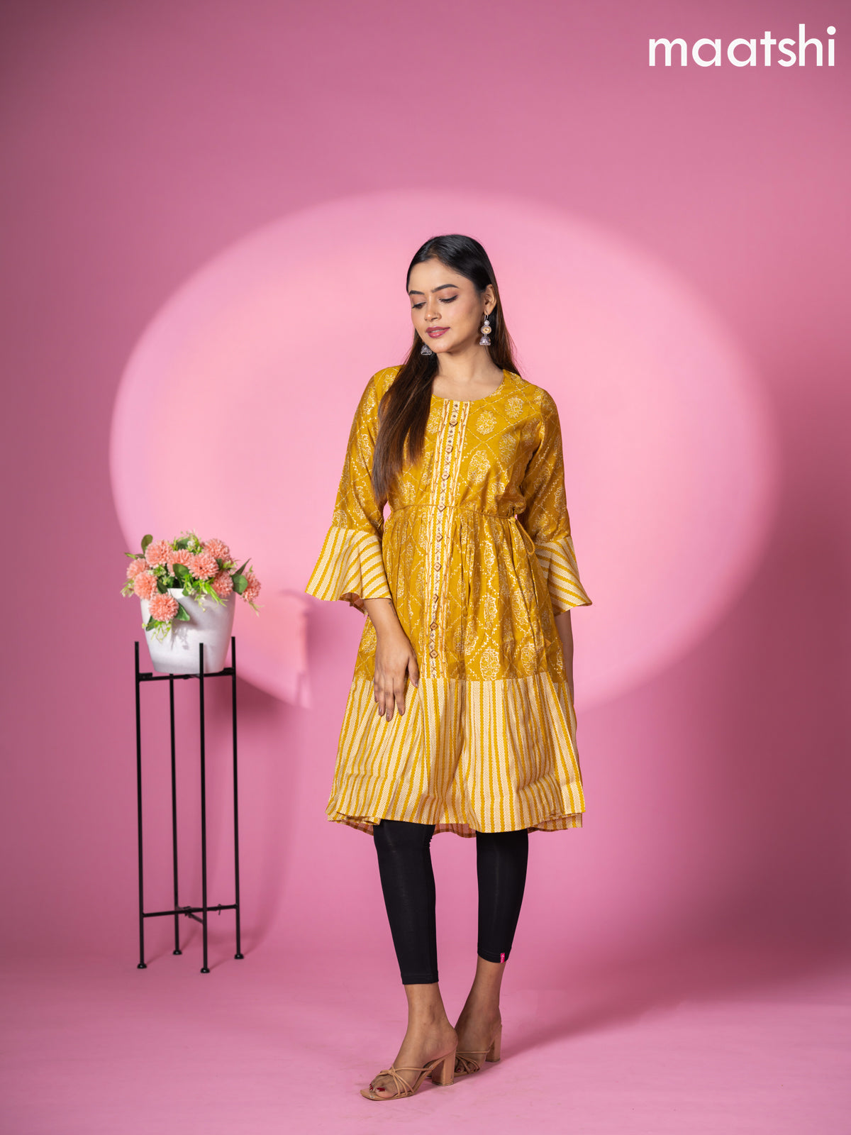 Muslin readymade short umbrella kurti mustard yellow with allover prints & embroidery work neck pattern without pant