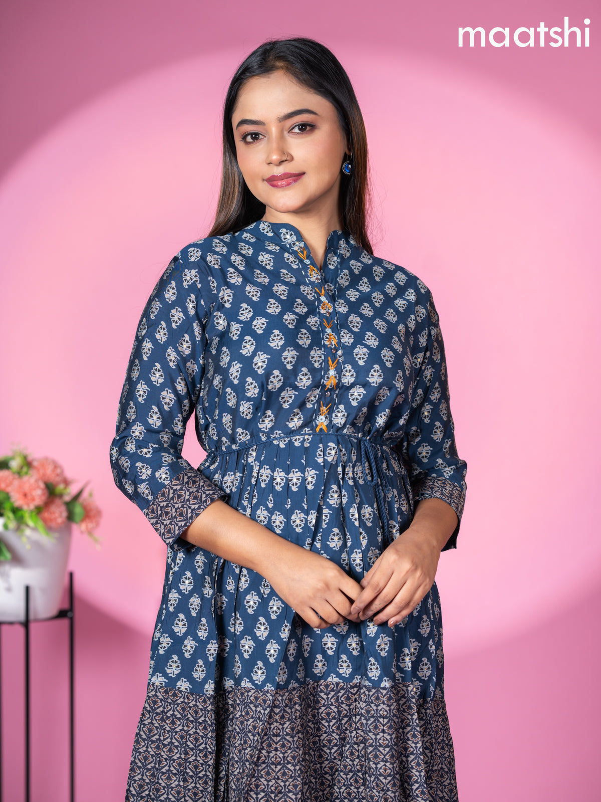 Modal readymade short umbrella kurti peacock blue with allover prints & simple embroidery work neck pattern without pant 2XL