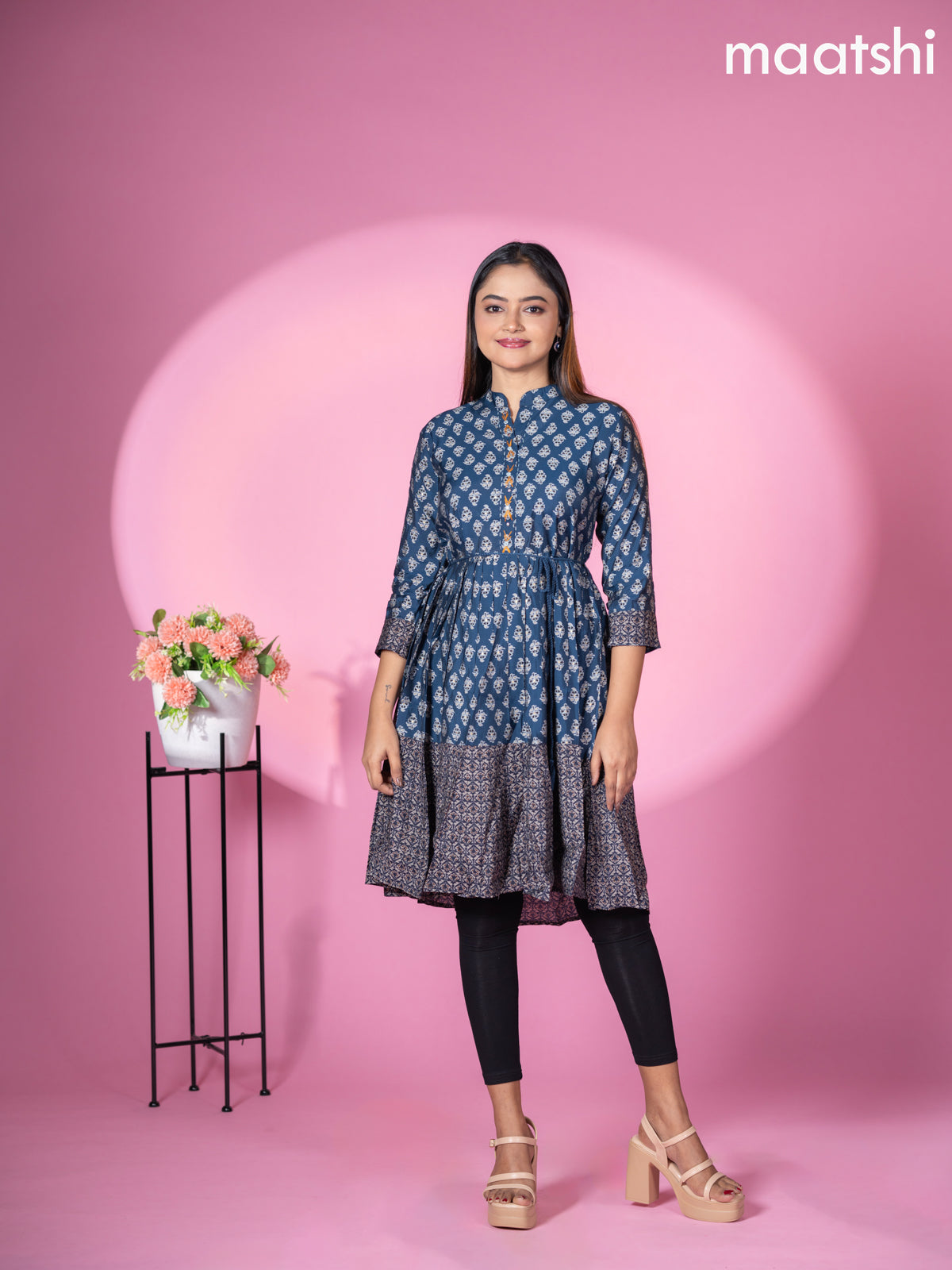 Modal readymade short umbrella kurti peacock blue with allover prints & simple embroidery work neck pattern without pant