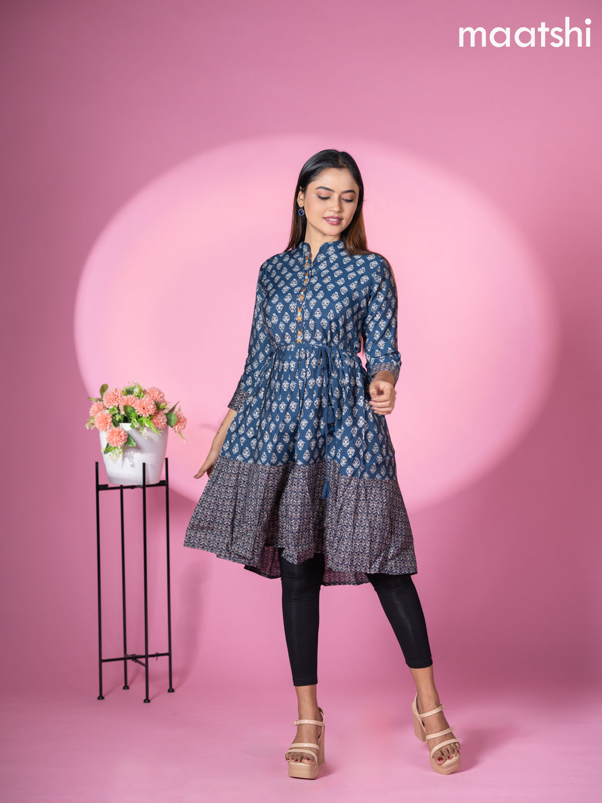 Modal readymade short umbrella kurti peacock blue with allover prints & simple embroidery work neck pattern without pant