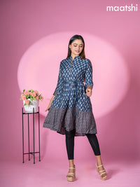 Modal readymade short umbrella kurti peacock blue with allover prints & simple embroidery work neck pattern without pant