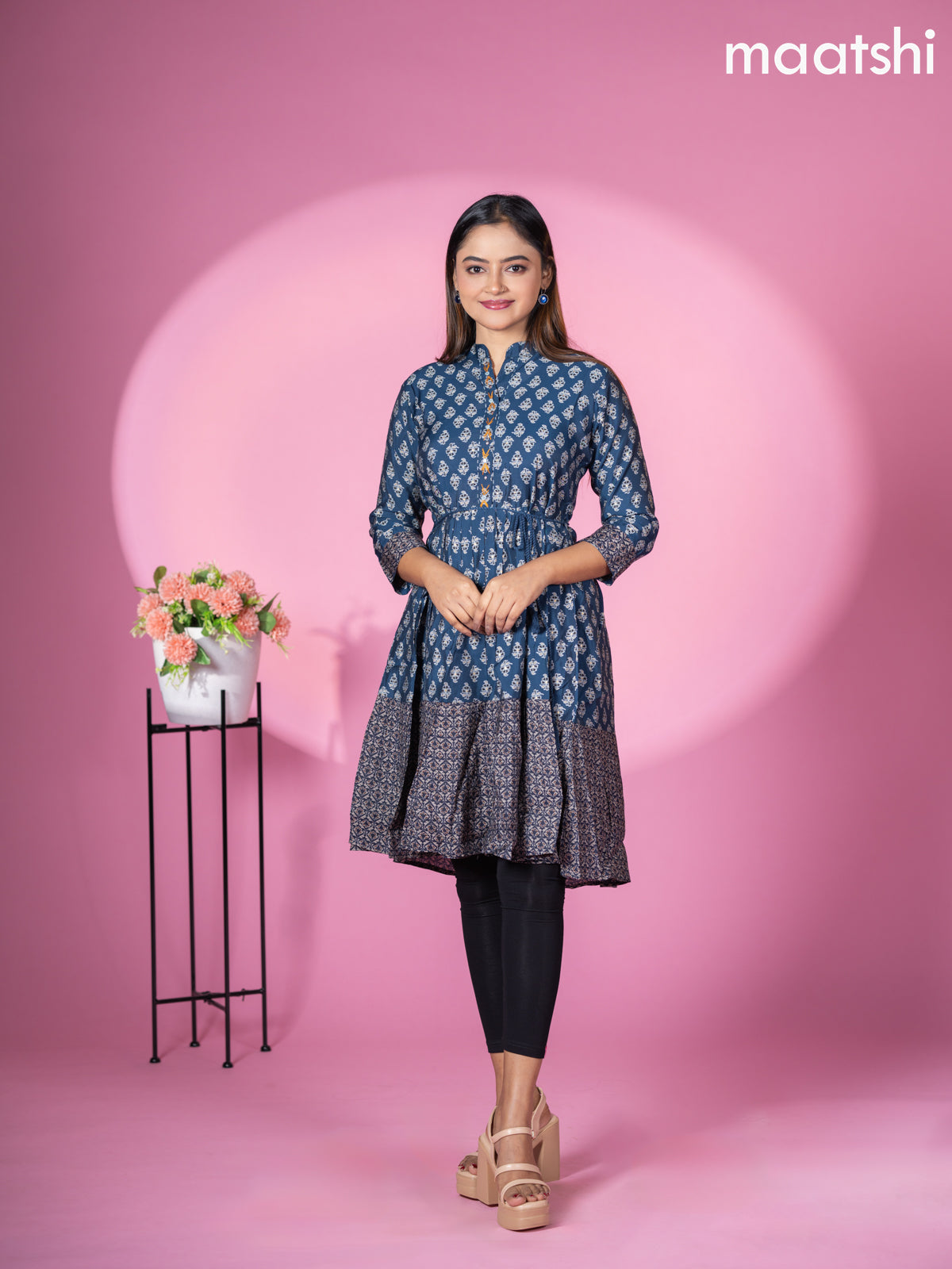 Modal readymade short umbrella kurti peacock blue with allover prints & simple embroidery work neck pattern without pant