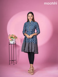 Modal readymade short umbrella kurti peacock blue with allover prints & simple embroidery work neck pattern without pant