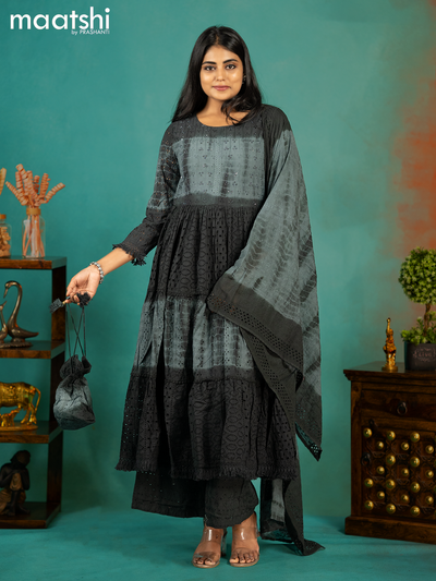 Cotton readymade tie & dye anarkali kurti set grey with hakoba work & Palazzo pant and dupatta