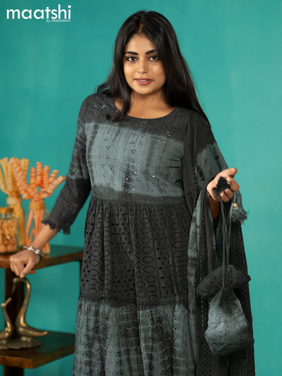 Cotton readymade tie & dye anarkali kurti set grey with hakoba work & Palazzo pant and dupatta