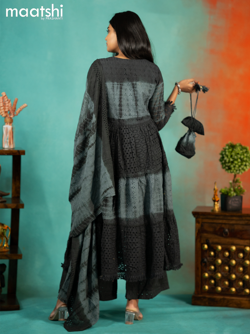 Cotton readymade tie & dye anarkali kurti set grey with hakoba work & Palazzo pant and dupatta