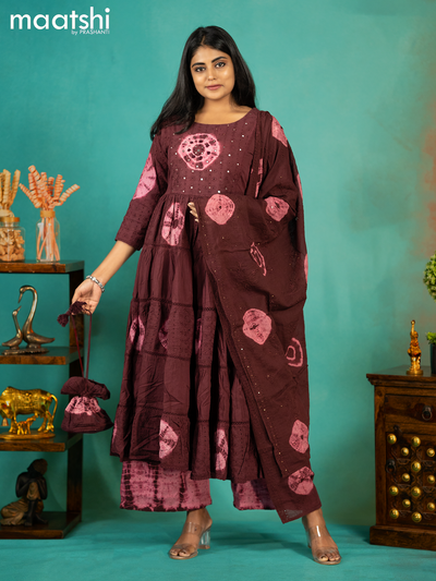Cotton readymade tie & dye anarkali kurti set deep maroon with hakoba work & Palazzo pant and dupatta