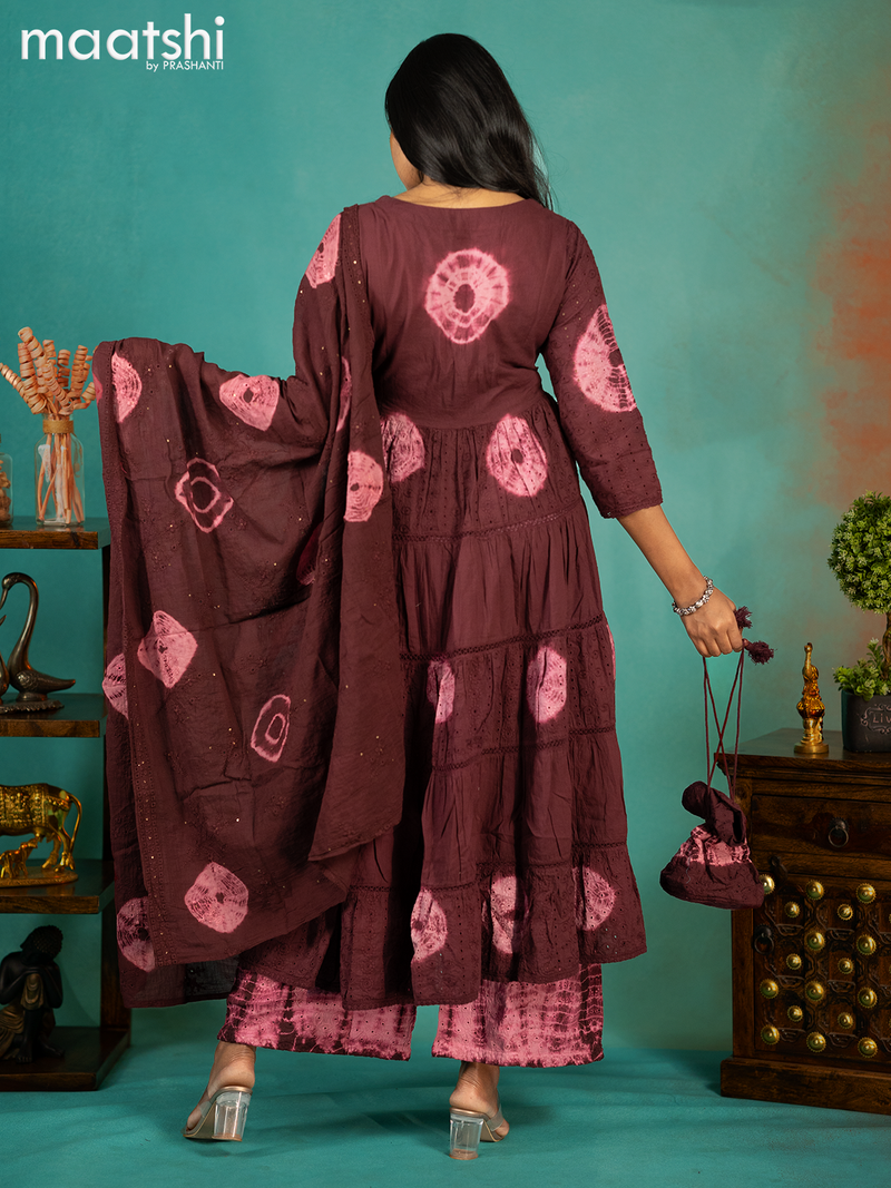 Cotton readymade tie & dye anarkali kurti set deep maroon with hakoba work & Palazzo pant and dupatta